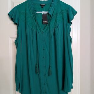 TORRID Emerald Green V-Neck Lace Peasant Blouse
